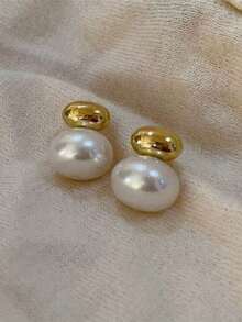 1 Pair Of European And American Metal Style Gold Faux Pearl Oval Design Earrings For Women's Daily Wear - Multicolor - View 2