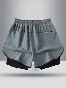 Men's Drawstring Waist Casual Sports Shorts, Fashionable 2 In 1 Design, Suitable For Spring/Summer Hiking, Cycling, Basketball, Running, And Indoor Winter Sports - Grey - View 2