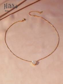 Hihho 1件双色立方氧化锆心形项链，甜美活力奢华风格，心形设计，镶嵌满钻，搭配精致链条，适合日常通勤、约会、度假和甜美装扮。 - 愛心 - 查看 5