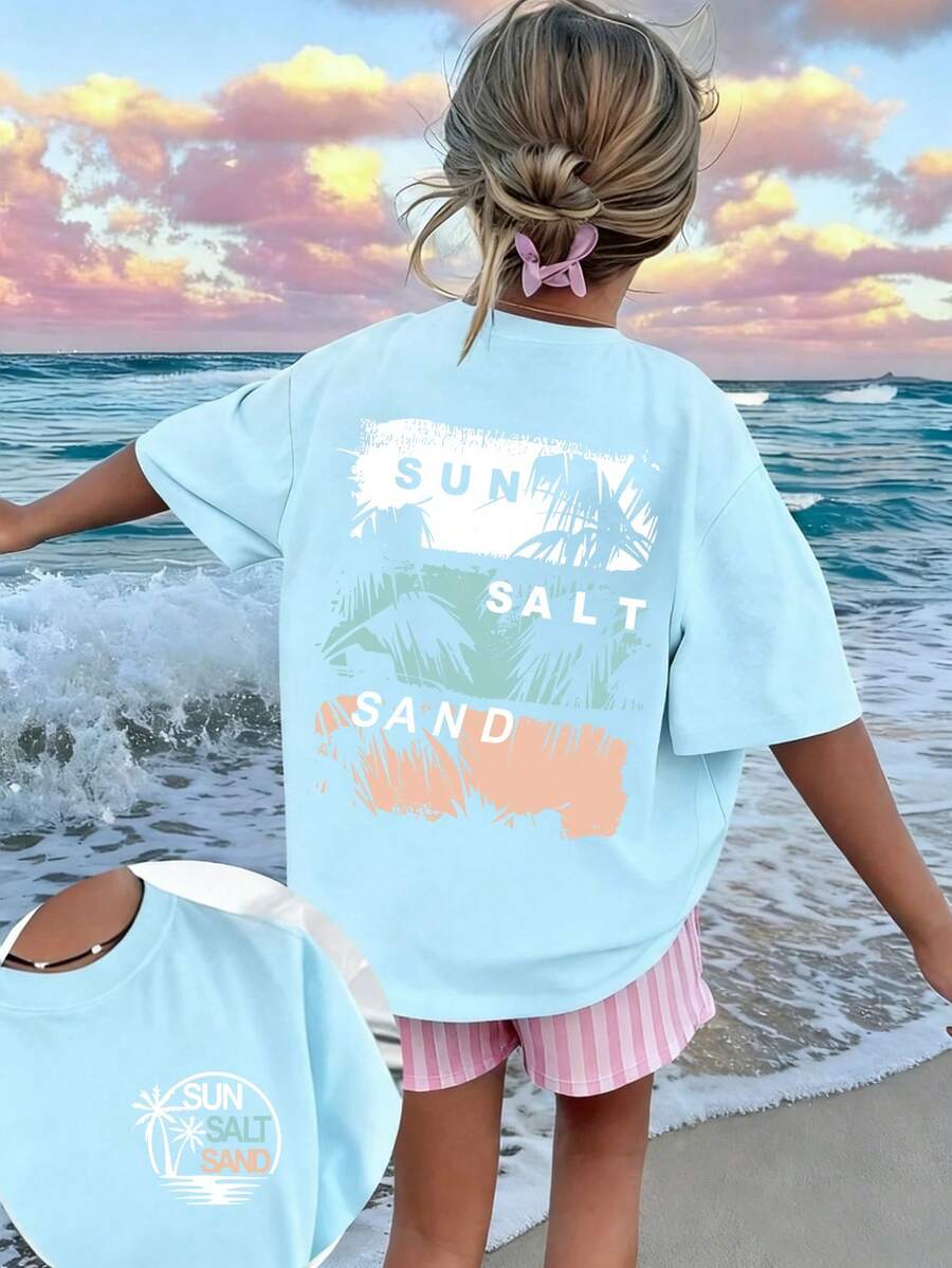 Tween Girl Coconut Tree Print Crew Neck Short Sleeve T-Shirt, Summer Top - Baby Blue - View 1