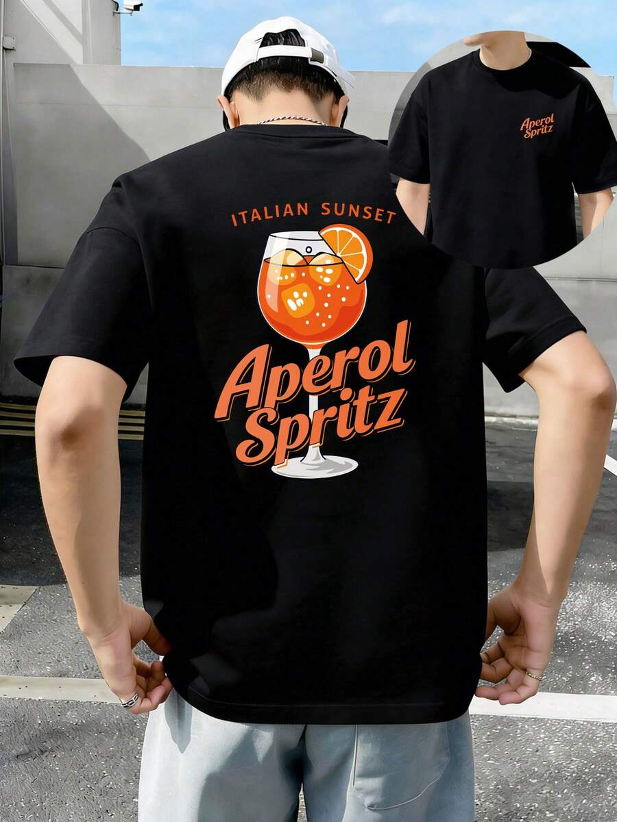 Classic Italian Cocktail Aperitif Orange Light Pattern, Italian Sunset Cocktail T-Shirt, High-Quality 100% Cotton Short-Sleeved T-Shirt (200 G), For Aperitif Orange Light Lovers And Cocktail Culture Fans, Summer Men's T-Shirt, Crew Neck Design, Soft And Breathable, Suitable For Year-Round Wear, For Men And Women, For Everyday Outdoor Leisure Activities, Gifts For Men, The Best Birthday Gift - 黑色 - 查看 1