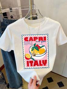 时尚大码女士短袖T恤，饰有独特的意大利卡普里岛图案，舒适高弹圆领上衣，休闲白色 - 白色 - 查看 1