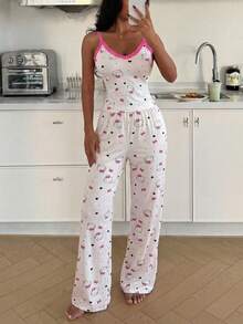 SANRIO Bộ đồ ngủ nữ 2 món họa tiết Hello Kitty, áo hai dây và quần dài mềm mại, đồ mặc nhà dễ thương và thoải mái. - trắng - Xem 3