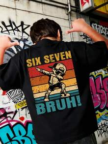 青少年男孩“Six Seven Bruh”字母图案T恤，印有Dab舞姿势，适合男孩派对、街头、活动穿着，夏季上衣 - 黑色 - 查看 3