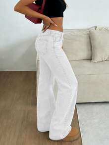 Europe And The United States Explosion Rivet Technology Simple Women's Denim Straight Pants, Fashion Wild Party Loose Denim Trousers, Party Commuting Daily Wear. - trắng - Xem 2