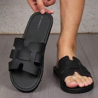 Men's Premium Black Beach Sandals | Lightweight Soft-Sole Non-Slip Slippers, Fashionable For Casual, Indoor, Outdoor Wear, Suitable For Spring, Summer, Autumn, Made Of Microfiber Upper And EVA Sole