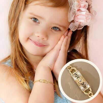 1PC Children's Series European And American Classic Style 14K Gold Plated Copper Vintage Gold Inlaid Zirconia Hollow Heart With Shiny Small Bow Guardian Light Limited Edition Bracelet, Long-Lasting Bright Color, Resistant To Oxidation Or Fading, Suitable For Children To Wear Without Feeling Burdened/Christmas/Thanksgiving/Halloween/Mother's Day/Valentine's Day Couples/Friends/Fellow Believers Gift, Catholic First Communion, Gift, Daily And Holiday Wear For Prayer