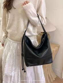 2026新款柔软皮革大容量水桶包，奢华小众风格女士单肩/腋下包 - 黑色 - 查看 3