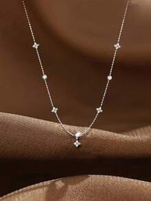 1 chiếc vòng cổ hình cỏ bốn lá may mắn bằng bạc Sterling S925, mặt dây chuyền hình hoa đính đá Cubic Zirconia cổ điển thanh lịch, dây chuyền kiểu INS ngọt ngào nữ tính, quà tặng cho phụ nữ. - cỏ bốn lá - Xem 6
