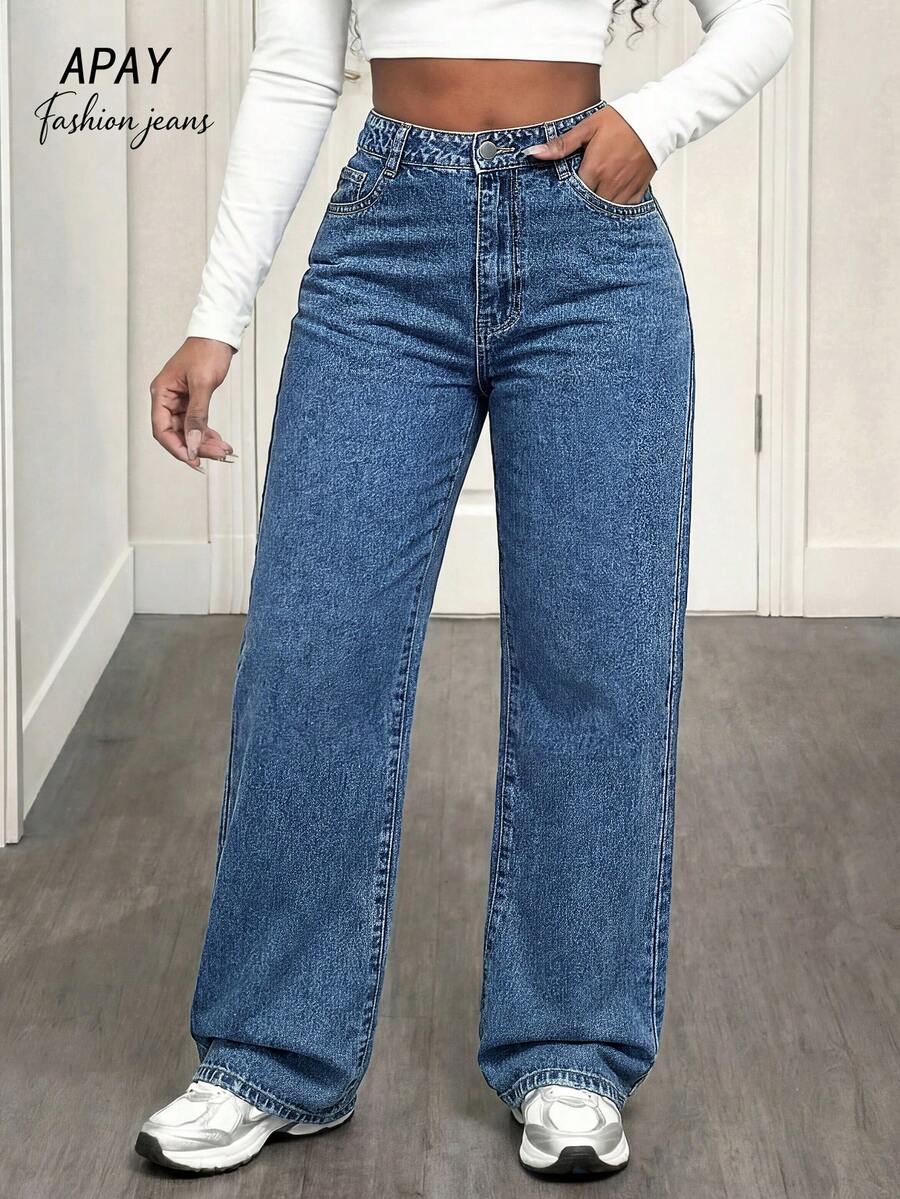 女士深蓝色水洗直筒休闲牛仔裤，修身简约增高牛仔裤 | 春季时尚服饰 - 深色水洗藍 - 查看 1