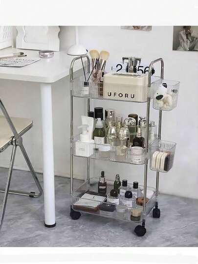 عربة تنظيم المكياج ذات 3 طبقات شفافة مع عجلات - منظم بلاستيكي متعدد الوظائف للمستحضرات التجميلية والمستلزمات الصحية والضروريات - مثالي للحمامات والغرف والمكاتب، منظمات مكياج