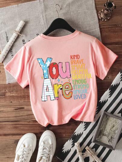 Girls' Cartoon Print Short Sleeve T-Shirt, Youthful Round Neck Top, Back To School Essential