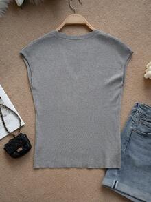 时尚V领无袖修身针织背心，女士夏季新品 - 灰色 - 查看 7