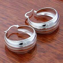 925纯银镀层圆形条纹耳环，女士婚礼订婚生日圣诞派对礼物，魅力饰品 - 銀色 - 查看 4