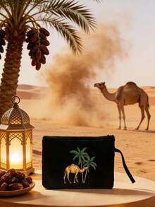 Camels & Coconut Trees Print Tote Bag, Reusable Cosmetic Pouch With Camels Design, Lightweight, Cosmetic & Toiletry Organizer Bag, Zippered Cosmetic Bag, Lightweight Tote Bag, Toiletry Bag, Storage Bag, Travel Accessory, Perfect For Shopping, Back-To-School Gift,Versatile Use,New Year, Valentine'S Day Gift, Ramadan Gift,Back-To-School Gift ,Room Decor - Multicolor - View 3