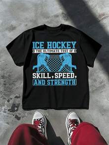OVERSIZED Ice Hockey T-Shirt, Made Of Soft Cotton, Round Neck, Loose Fit, Comfortable, Street Hip Hop Style. - Black - View 2