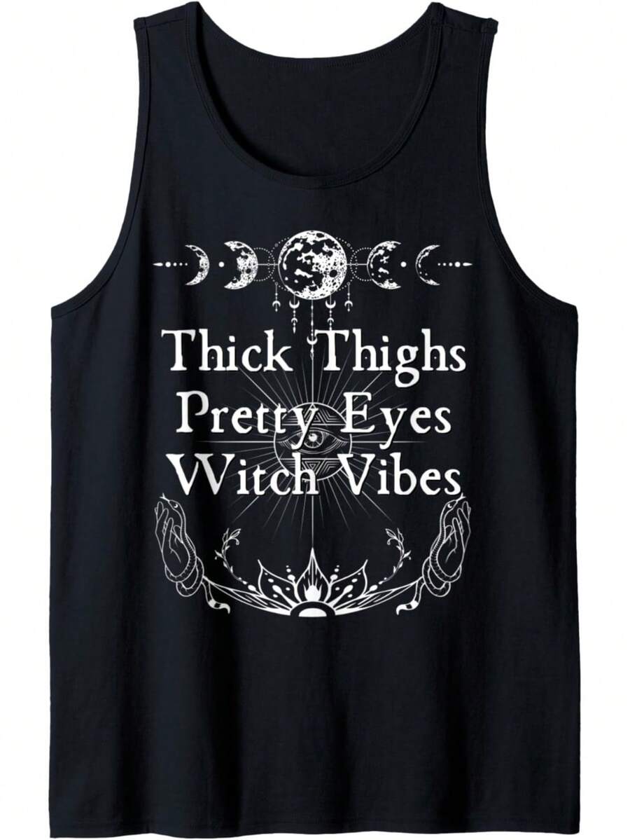 Spooky Witch Vibes "Thick Thighs Pretty Eyes" Graphic Women'S Tank Top For Halloween, Black Sleeveless Shirt With Occult Art Design, Lightweight And Comfortable Fit, Machine Washable Great For Halloween Parties, Fall Festivals, Witchy Aesthetic Fans, Daily Wear In Autumn, And Statement Gifts For Curvy Women Embracing Gothic StyleDressy For Sport Lovers Tank,(Multiple Sizes Available)  Women'S Graphic Tank Top - Sleeveless Shirt  Casual Summer & Spring Top Casual Summer Wear | Playful Design | Breathable Fabric, Cute Tank Top,Funny Tank Top - 黑色 - 查看 1