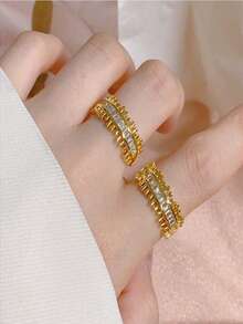 1pc Gold-Plated Cubic Zirconia Triangle Open Ring, Creative Personalized Design, Minimalist Retro Korean Style Fashion Casual, Suitable For Ramadan, Gift For Women & Men, Daily, Casual, Party Wear - Yellow Gold - View 6