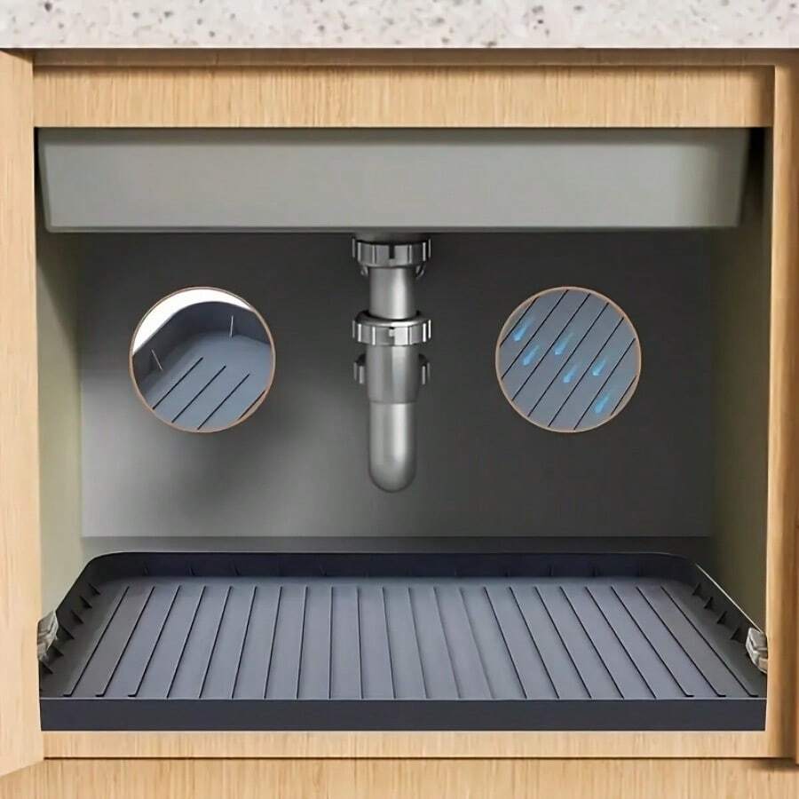 1 Durable Sink Underlay - Waterproof Drip Pad Liner For Kitchen And Bathroom Cabinets, Easy-To-Clean Storage Solution, Flexible And Durable Non-Slip Coaster Cutlery - Waterproof Mat, Hygienic , Black/White - 1 Piece - Black - View 1