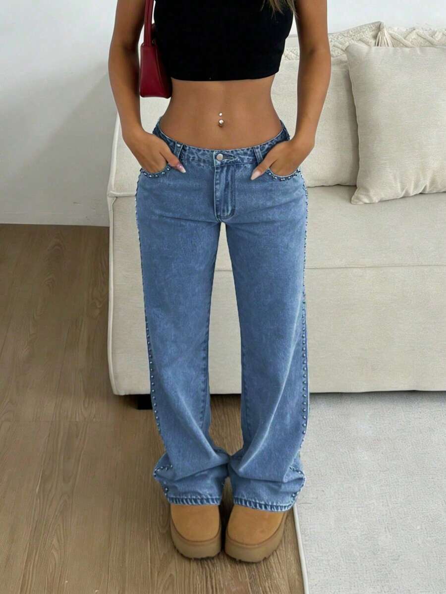 Europe And The United States Explosion Rivet Technology Simple Women's Denim Straight Pants, Fashion Wild Party Loose Denim Trousers, Party Commuting Daily Wear. - 中等水洗藍 - 查看 1