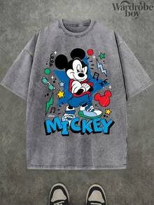 Disney Printed Wash Water T-Shirt,Disney Mickey Mouse Cool Men's Short-Sleeve Graphic T-Shirt,Unisex,High-Quality Pure Cotton T-Shirt,Suitable For All Seasons, Comfortable And Breathable| Exquisite Design | The Best Choice For Giving Gifts - 灰色 - 查看 2