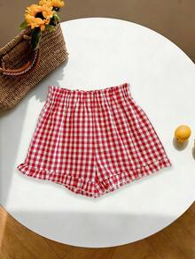 2pcs/Set Teen Girl Short Sleeve Top And Plaid Shorts (Random Cut) Creative Print Pattern Soft Set, Suitable For Spring And Summer Daily Wear - Multicolor - View 8