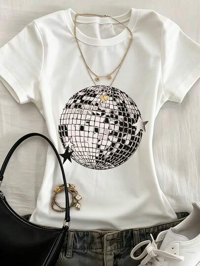 Dames slim fit T-shirt van puur katoen, "Rock DISCO Ball", geschikt voor muziekfestivals, met rockprintpatroon, hot girl, 100% katoenen top, zacht en comfortabel, alledaagse casual, streetwear, top, verano, tops mujer, camisetas mujer, bluas de mujer, jersey, sudaderas de mujer, ropa mujer, bluas de mujer elegantes, verano mujer, ropa verano mujer, deporte, tops verano, primavera mujer, camisetas de gym mujer, camisetas básicas, camisetas manga corta mujer, primavera verano, romwe, festival outfit mujer, Y2K, herfst en winter leuke T-shirts, vakantie, strand, casual, jaren 90 kleding, schattige tops, top negros, top blanco, Pasen dameskleding, carnaval, alle seizoenen, kantoor/lounge/thuis/buitensport/eenvoudig, westerse dames, outfits