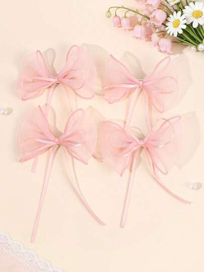 4pcs Pink Tulle Hair Bows For Girls Thin Long Ribbon Bow Alligator Clips Elegant Plain Hair Clips Elegant Vacation Barrettes Cute Sweet Daily Hairpins Teens Hair Accessories