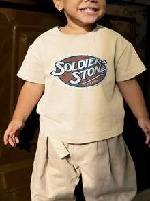 1件婴儿/幼儿男童创意卡通图案字母标语印花基本款圆领短袖T恤，休闲时尚 - 杏色 - 查看 6