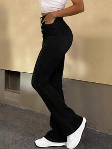Women's Mid-Rise Slim Fit Flared Jeans - Single-Button Closure, Functional Pockets, Stretchy & Casual Daily Must-Have - Black - View 5