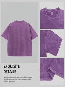 Women's Casual Purple Washed Cotton T-Shirt, Short Sleeve Drop Shoulder Round Neck Long Tee For Everyday Comfort - 紫色 - 查看 4