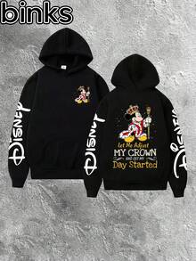 Disney Binks (Double-Sided Printing): Mickey Mouse, Crown Scepter Retro Element Cartoon Print Warm Hooded Sweatshirt, A High Street  Brand Loose Fitting Pullover Hooded Sweatshirt. Autumn And Winter Fashionable Versatile Tops, Holiday Gifts, Vintage Prints. - màu đen - Xem 2
