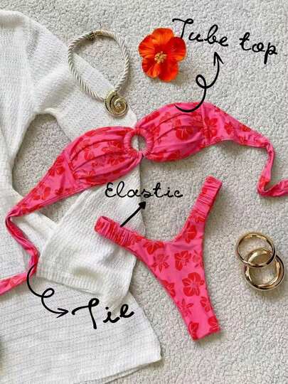 Nuevo bikini bandeau fruncido con estampado floral rojo para vacaciones en la playa, estilo europeo y americano de moda para el verano