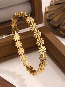 RAYQUEEN 1pc Stainless Steel Flower Rhinestone Inlaid Gold Tone Fashionable Versatile Bracelet For Women, Suitable For Daily Wear - Yellow Gold - View 5