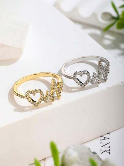 1件简约精致锆石镶嵌心形心电图装饰戒指派对装饰戒指情侣戒指珠宝配饰