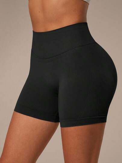 NcmRyu Pantalones cortos deportivos de mujer de cintura alta elástica con revestimiento de silicona de unicolor acanalado, color negro