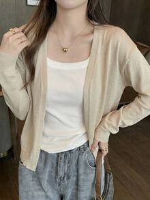 Loose Fit V-Neck Lightweight Knit Cardigan For Women, Breathable Sun Protection, Spring/Summer - Khaki - View 4