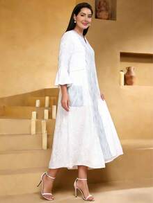 2026 New Style Ramadan Traditional Elegant Allover Print V-Neck Pocket Dress, Graceful Arabic Women Clothing JALABIA - White - View 6