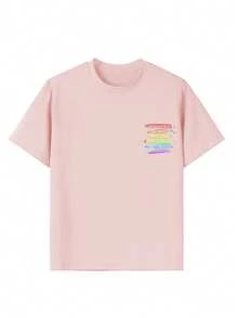 Tween Girls' Casual Funny Print Crew Neck Short Sleeve T-Shirt, Summer Top - Pink - View 6