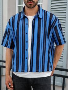 Men's Single-Breasted Casual Commuter Striped Short Sleeve Shirt - Blue - View 4