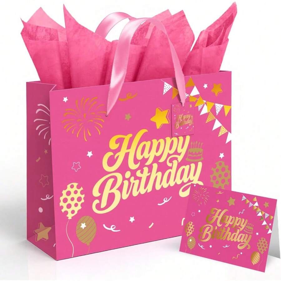13" Black Birthday Gift Bag With Tissue Paper And Greeting Card, Happy Birthday Gift Bags For Party, Hot Foil Stamping Design Gift Wrap Bags Decor For Men, Women And Kids, 1 PCS, Medium Size - Dập nổi màu hồng - Xem 1