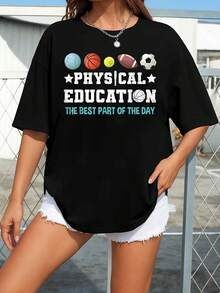 Physical Education PE Teacher Strong School P Women's Plus Size T-Shirt 100% Polyester Shirt Casual 220g Funny Oversized Graphic Short Sleeve 1 Pcs Tee Novelty Crew Neck Top - 黑色 - 查看 1