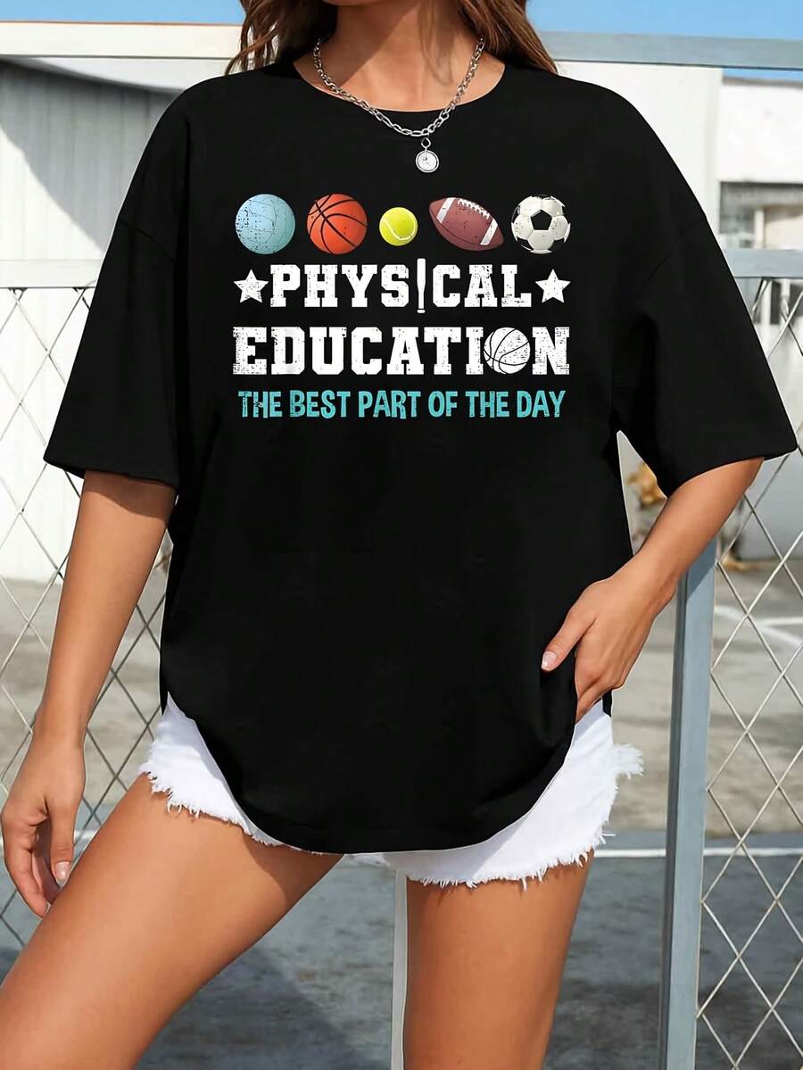 Physical Education PE Teacher Strong School P Women's Plus Size T-Shirt 100% Polyester Shirt Casual 220g Funny Oversized Graphic Short Sleeve 1 Pcs Tee Novelty Crew Neck Top - 黑色 - 查看 1