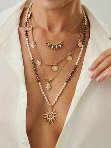 2件套波西米亚几何链条串珠亮片莲花火焰吊坠项链，奢华多层项链，适合婚礼、派对、度假、日常休闲、街拍，女士及情侣礼物 - 項鍊 - 查看 3