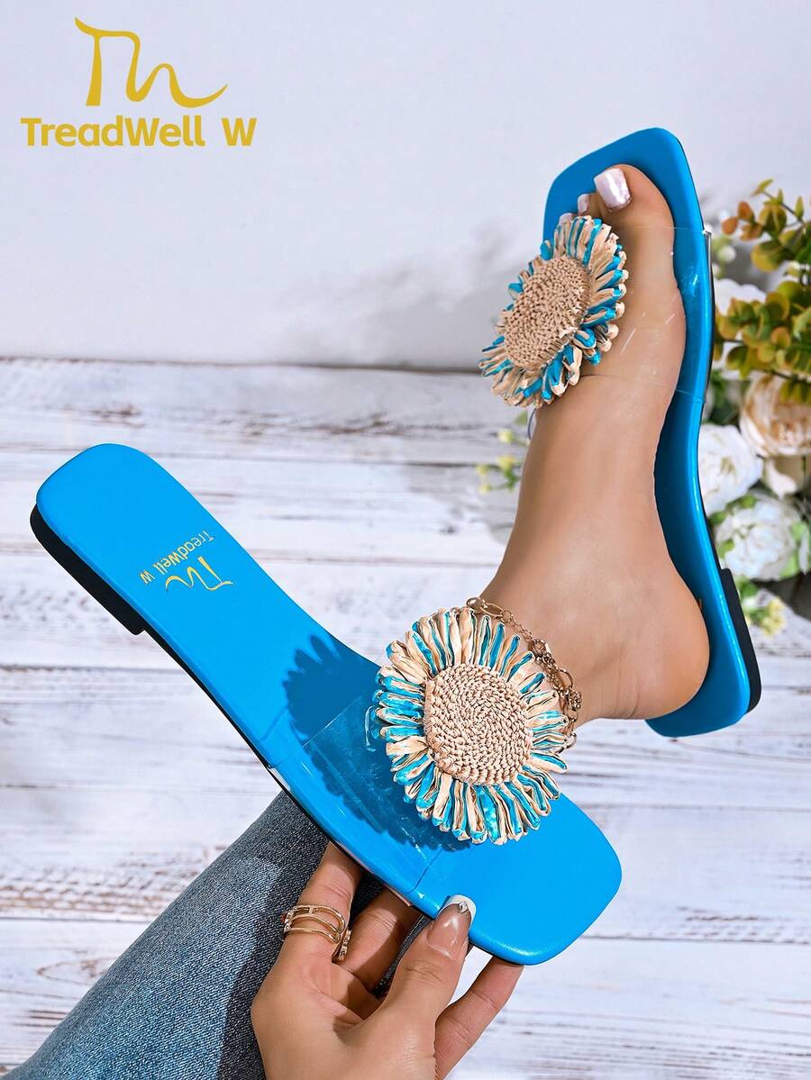 Dép xăng đan nữ mới, giày nữ, dép lê, dép xăng đan đế bằng màu trắng/đỏ/vàng/xanh dương, giày trang trí hoa văn, dép xăng đan nữ thanh lịch.