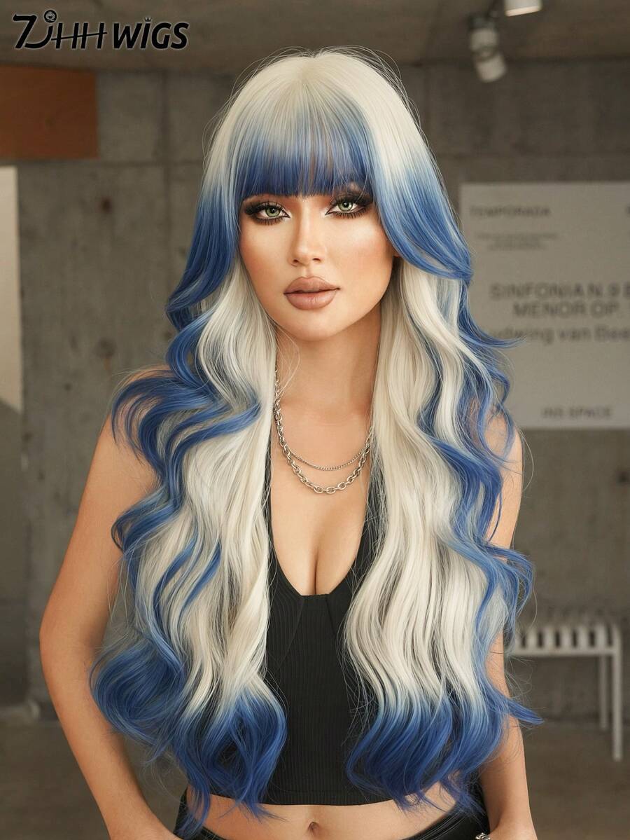 7JHH WIGS Ombre Platinum To Blue Wig Loose Extra Long Wavy Wig For Women 30 Inch Synthetic Wave Curly Wig With Bangs, Soft High Quality Heat Resistant Fiber Hair Full Machine Colored Wigs For Halloween, Cosplay, Music Festivals, Theme Parties & Celebrations - 藍色 - 查看 1