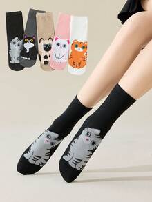 5双装女士卡通中筒袜，ins风，百搭，可爱猫咪动物图案，适合春夏穿着 - 彩色 - 查看 1
