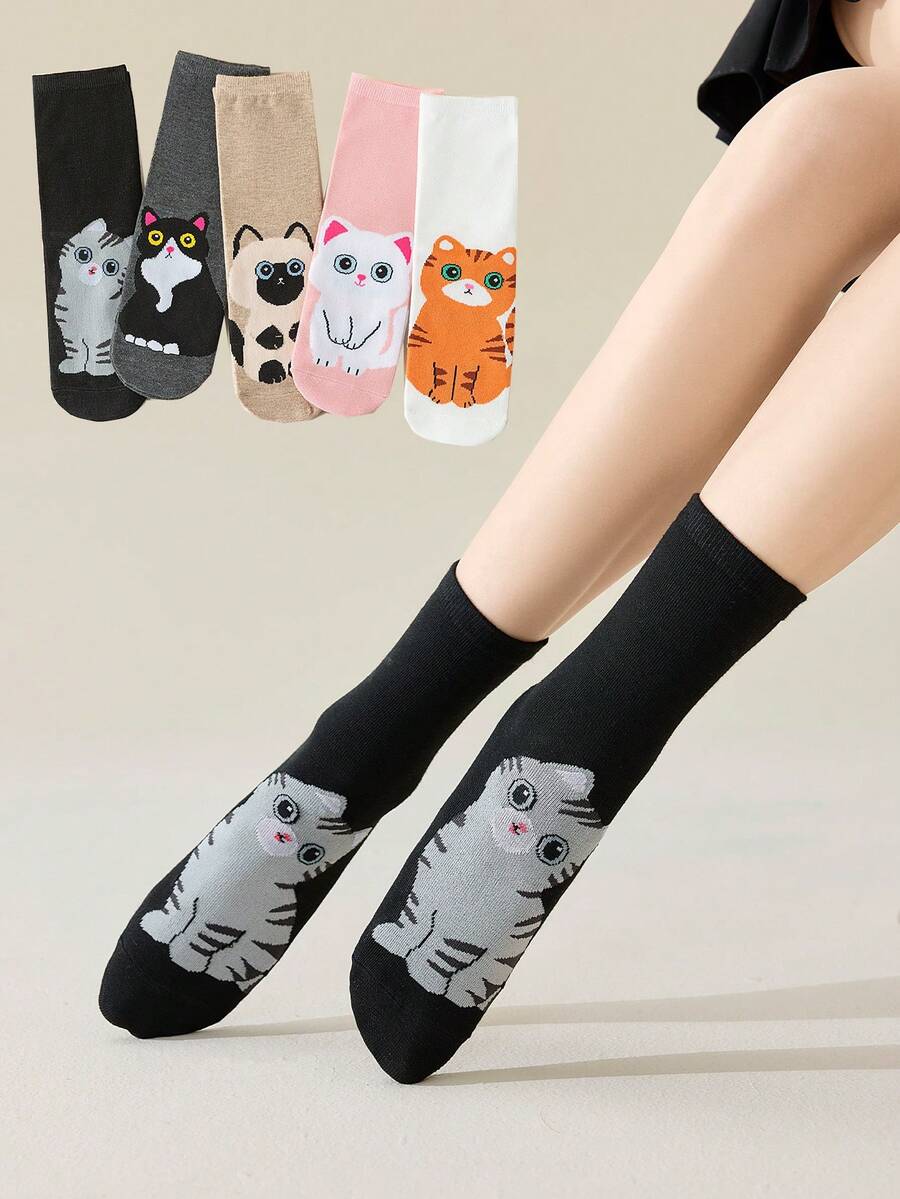 5双装女士卡通中筒袜，ins风，百搭，可爱猫咪动物图案，适合春夏穿着 - 彩色 - 查看 1
