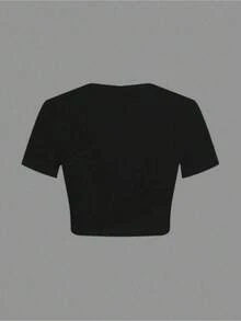 Y2K Style Cropped Top, Blue Teddy Bear And Large Print |   Black Short-Sleeved Round-Neck Casual Street Style T-Shirt, Suitable For Spring And Summer, Seasonal Fashion, Comfortable, Summer Outfit, Soft Texture, Stylish Shirt, For Fashion Enthusiasts - 黑色 - 查看 4