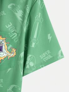 Men's Cartoon Print Lapel Collar Pocket Front Button Short Sleeve Shirt, Summer - Green - View 4